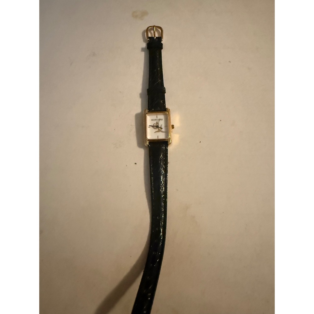 Mary Kay Vintage Gold Tone Rectangular‎ Watch Black Croc Embossed Leather Strap